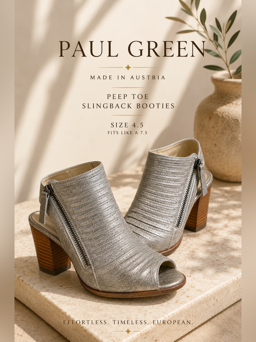 Paul Green Metallic Leather Peep Toe Slingback Booties Block Heel Size 4.5